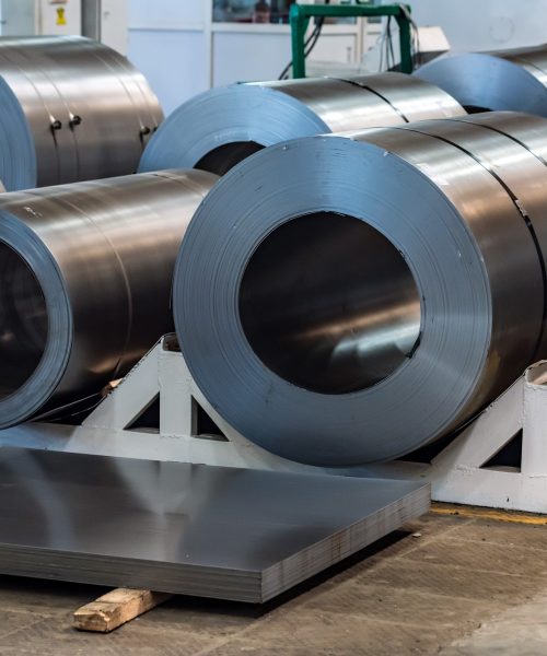 Stock with rolls of sheet steel in industrial plant
